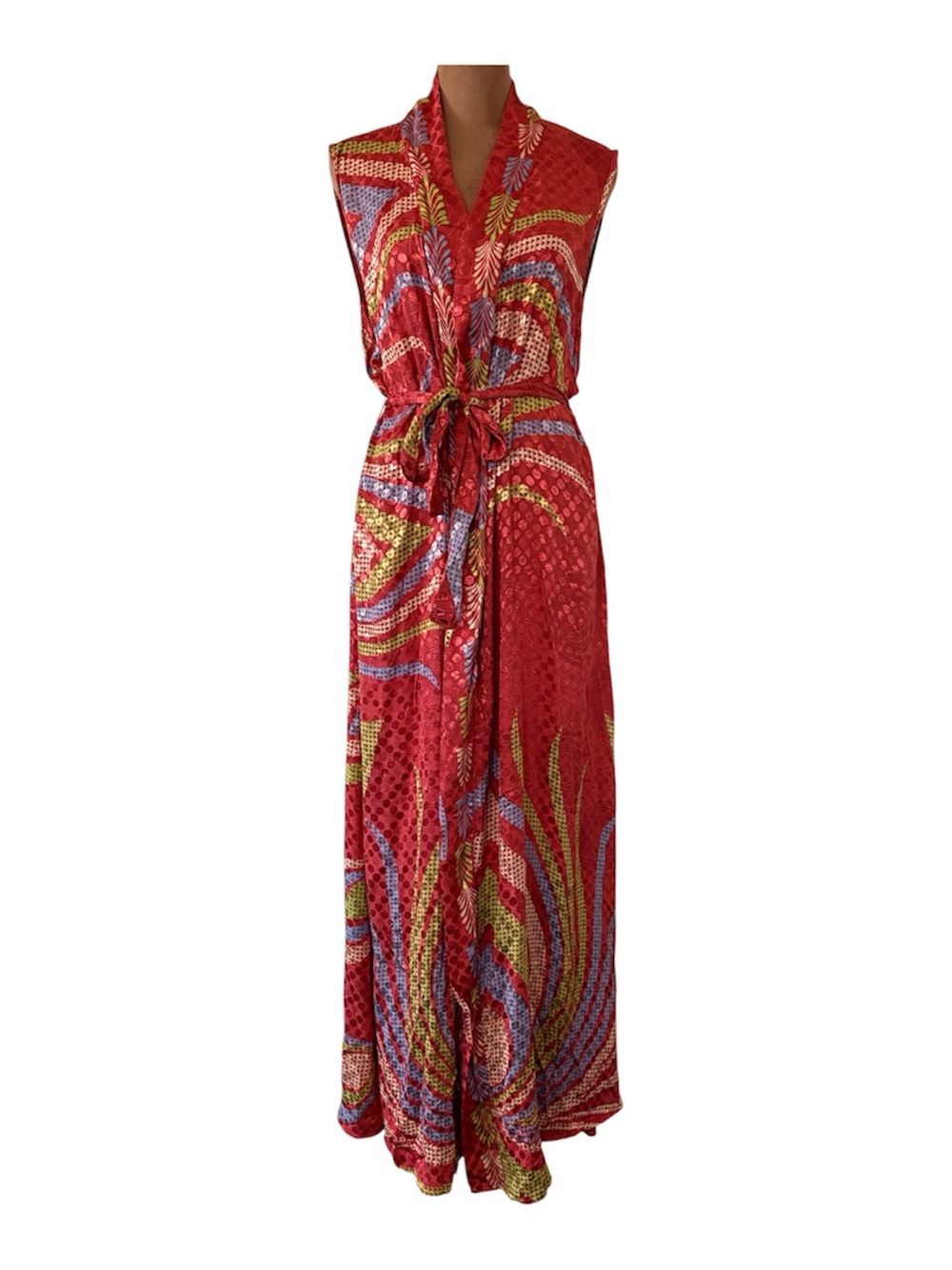 Beautiful NWT 100% Silk Sleeveless Long Duster Robe Swim Cover-Up Boho Festival - Picture 2 of 10